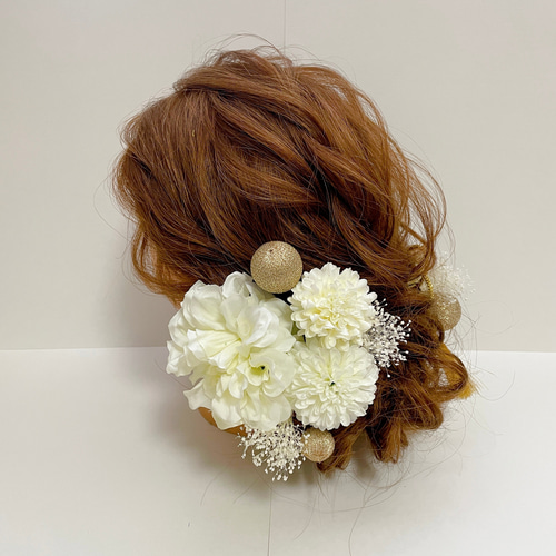 『和装髪飾り』和装飾り白ダリアシルバーピンポンマム成人式髪飾り結婚式玉かんざし