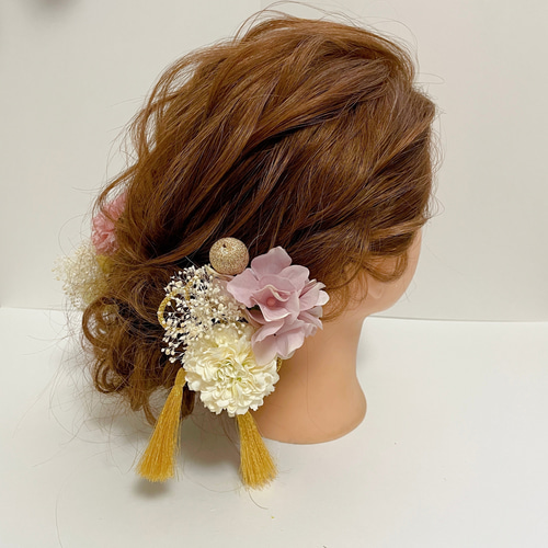 ピンク ダリア ピンポンマム ドライフラワー タッセル 玉かんざし 和装