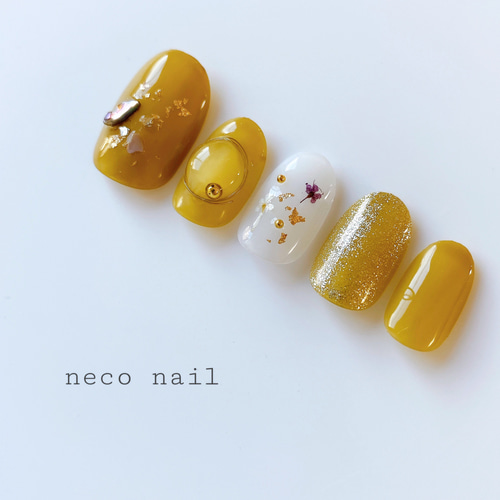 きいろいわんこ★ネイルチップ★ No.84 からし色 ドライフラワー ワイヤー 秋ネイル ネイルチップ