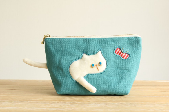 Creema限量版郵袋，用於穿過郵袋的貓和蝴蝶（白貓綠20厘米扣眼7厘米） 第1張的照片