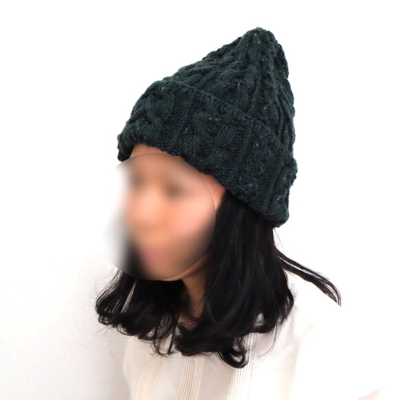 手編み★M〜L★グリーンの手編みツイード毛糸で編んだ深緑の三角とんがり帽子＃緑＃ 3枚目の画像