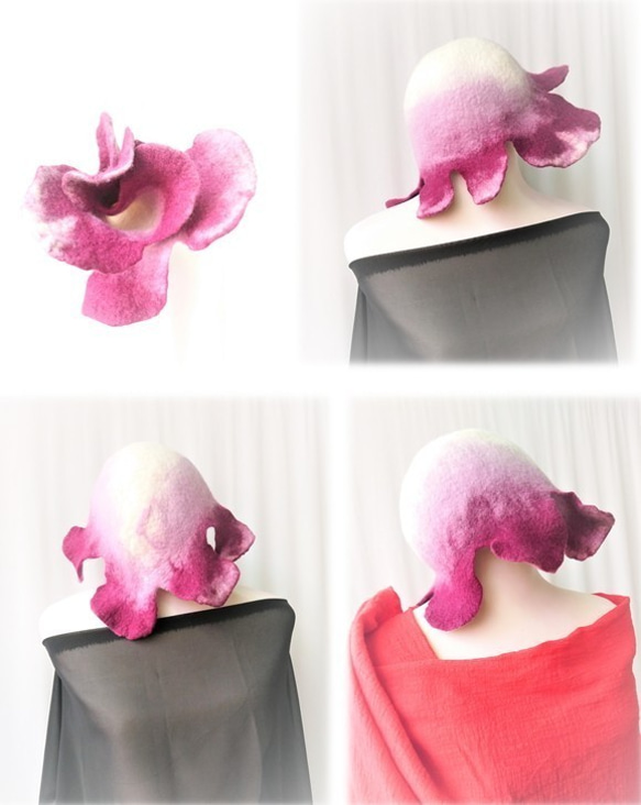 MUM-felt-默默羊毛氈手創-紫色系蘭花漸層典雅風格羊毛氈帽（歐風/個性化/不規則獨家設計款） 第3張的照片