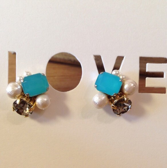 棉珍珠和寶石耳環 * 淺藍色 * 第2張的照片