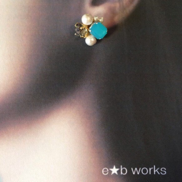 棉珍珠和寶石耳環 * 淺藍色 * 第3張的照片