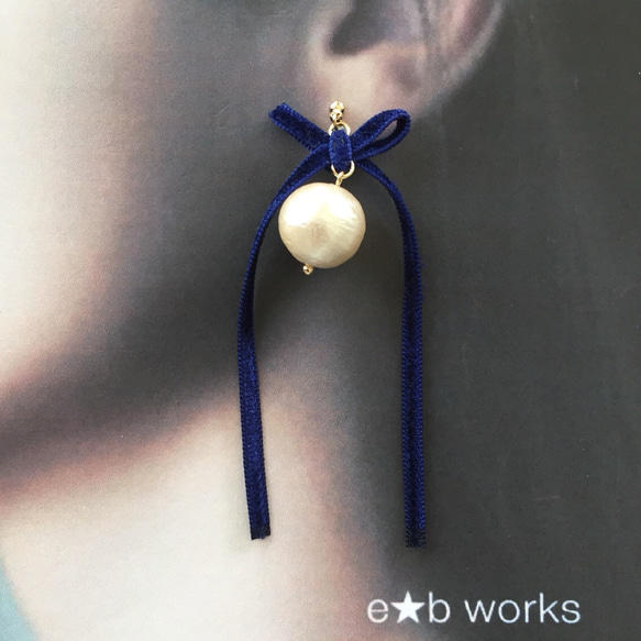 棉質珍珠和長緞帶耳環 *海軍藍* 第2張的照片