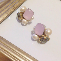 棉珍珠和寶石耳環 * 煙熏粉色 * 第1張的照片