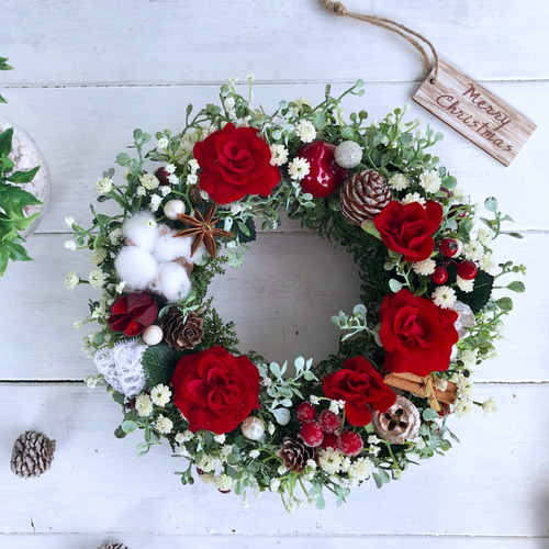 クリスマスリース＊大人の赤 ベルベットローズ＊シックグリーン