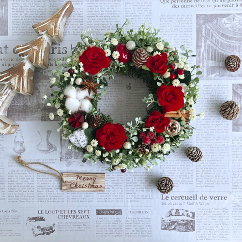 クリスマスリース✨ベル付き✨フラワーリース大✨造花 クリスマスリース＊大人の赤 ベルベットローズ＊シックグリーン