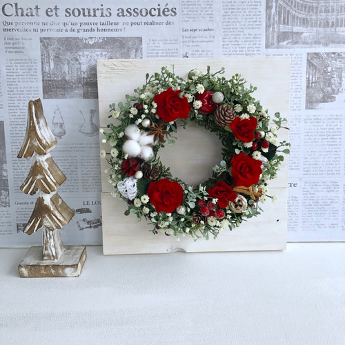 クリスマスリース＊大人の赤 ベルベットローズ＊シックグリーン