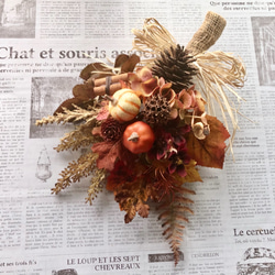 秋リース　秋色スワッグ　かぼちゃと木の実　枯葉色　アーティフィシャルフラワー　玄関ドアリース・スワッグ 4枚目の画像