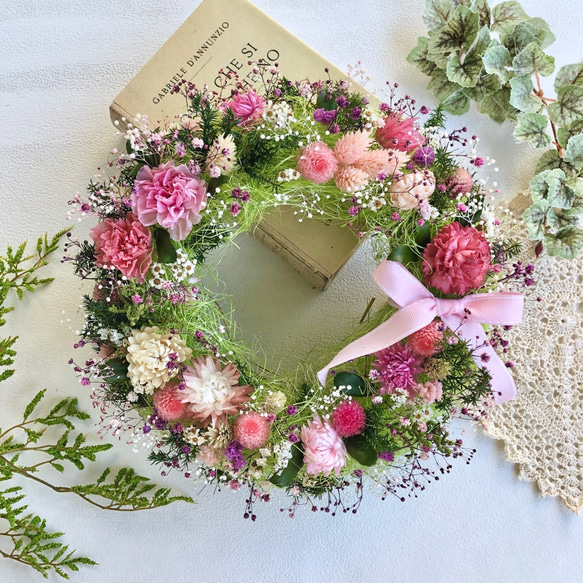ピンク系ドライフラワーリース