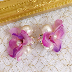 コットンパールと紫陽花のビジューピアス　ピンク 1枚目の画像