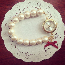 粉紅色棉質珍珠口氣手錶2WAY¥4000（手錶） 第1張的照片