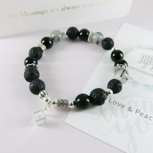 天然石ビーズブレスレット 黒とグレー