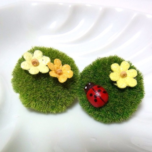 お花とてんとう虫 芝生のくるみイヤリング 4枚目の画像