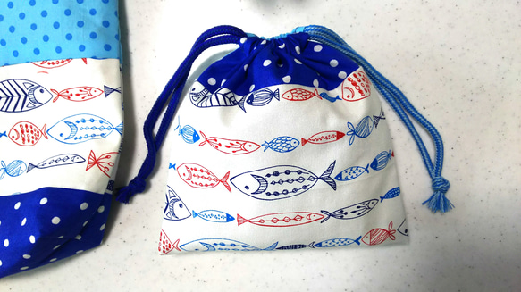 ☆入園入学グッズ☆　さかなシリーズ‼️カラフル魚・ブルードットのピアニカケース＆コップ袋セット 5枚目の画像