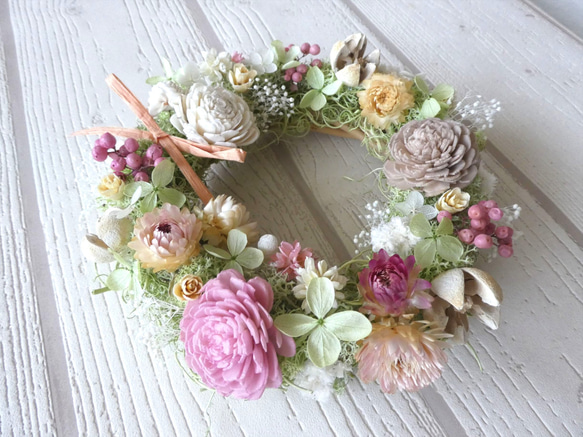 大人ピンク お花と木の実のリース ドライフラワー hyacinth325 通販  