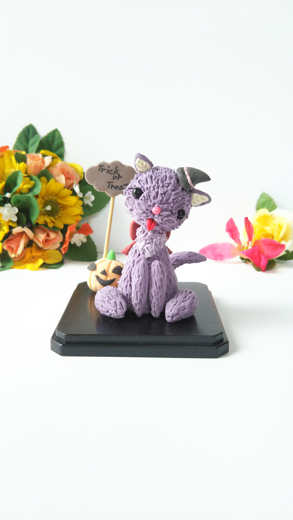 ハロウィン飾り 紫猫 魔女 ハロウィン置物 1枚目の画像