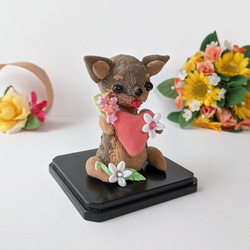セール　チワワ チョコタン　ブラックタン　犬置物 キラキラお花とハートの動物置物　幸せ祈願インテリア 3枚目の画像