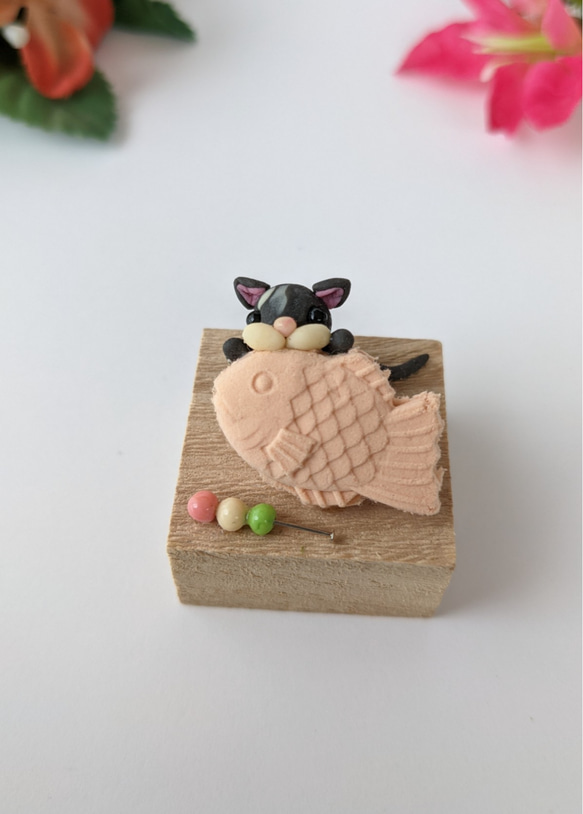 猫 樹脂粘土ミニチュア雑貨 ミニチュア和菓子 たい焼き ねこ人形 8 4枚目の画像