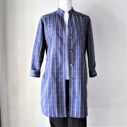 着物リメイク　シャツジャケット　ロング　チェック　ブルーxグレー　シルク 1枚目の画像