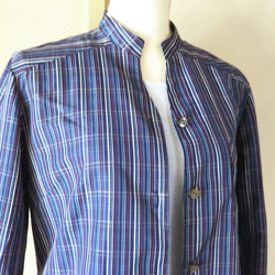 着物リメイク　シャツジャケット　ロング　チェック　ブルーxグレー　シルク 3枚目の画像