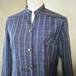 着物リメイク　シャツジャケット　ロング　チェック　ブルーxグレー　シルク 6枚目の画像