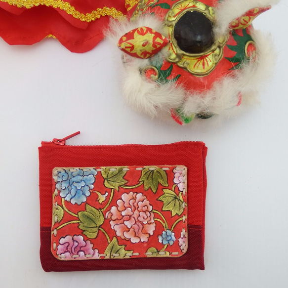 赤い牡丹の花の多層革のワイン袋布財布☆ 1枚目の画像