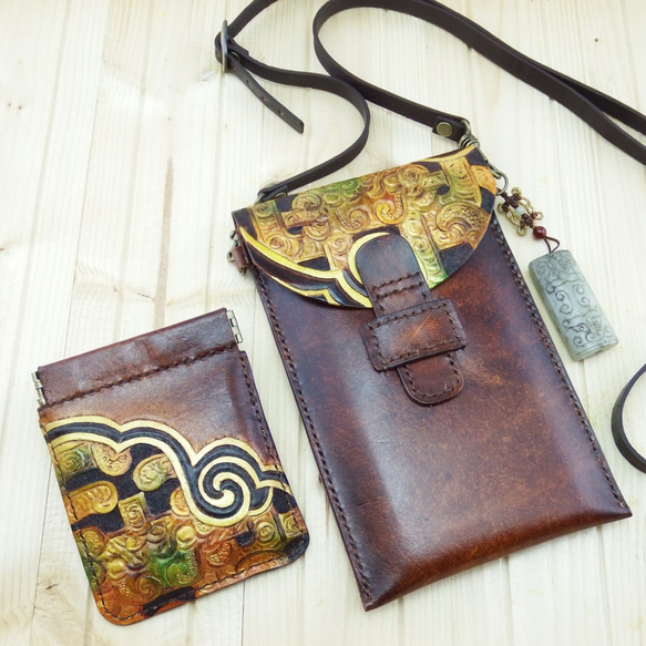 手作り革Yunlongフィギュア携帯電話バッグサイドバックパック小銭入れ割引祝福バッグの組み合わせ 1枚目の画像