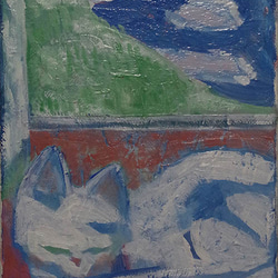 【購入後すぐに飾れる絵画】『猫と窓外の景色』F0号 油彩 3枚目の画像
