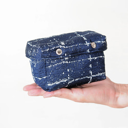 SAPPHIRE-手做皮革深藍色格紋棉布盒型相機/收納包 第6張的照片