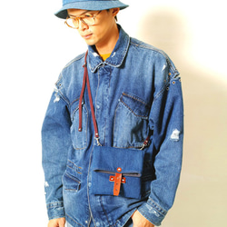 DENIM-ハンドメイドレザーデニムデニムキャンバス折りたたみ式斜めサイドバック/カメラ/収納バッグ 2枚目の画像