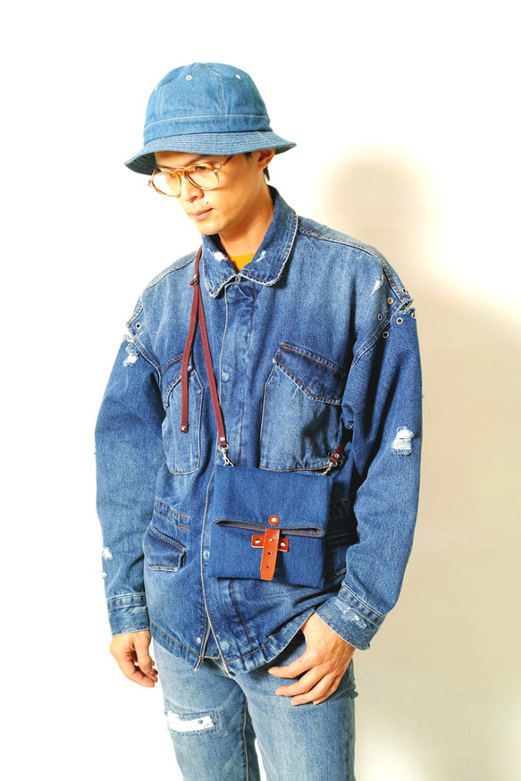 DENIM-ハンドメイドレザーデニムデニムキャンバス折りたたみ式斜めサイドバック/カメラ/収納バッグ 2枚目の画像