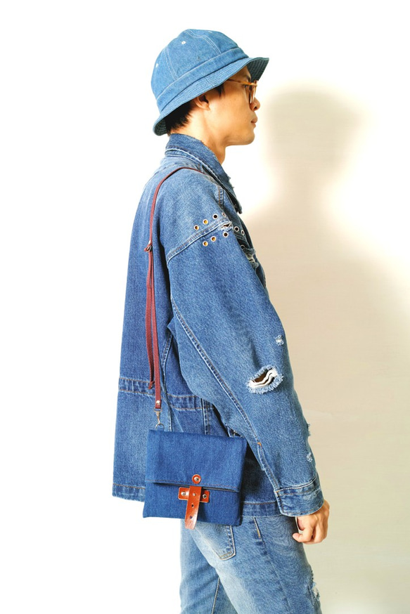 DENIM-ハンドメイドレザーデニムデニムキャンバス折りたたみ式斜めサイドバック/カメラ/収納バッグ 3枚目の画像