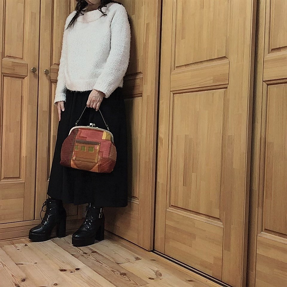 【SALE・送料無料】がま口バック・ふたくち・筒描き染め「SquareⅡ」