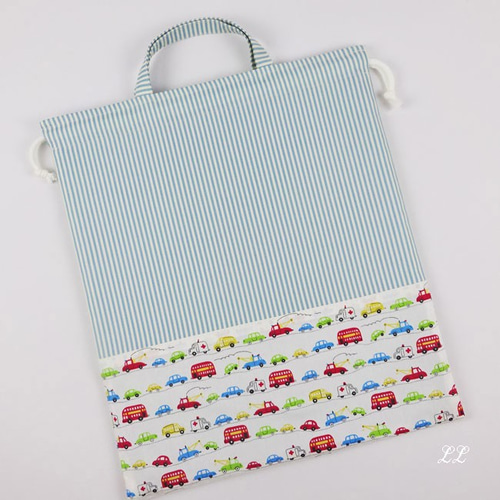 持ち手付き巾着☆くるま New▷ 入園グッズ 持ち手付き 巾着 【くるま 働く車】体操服入れ お