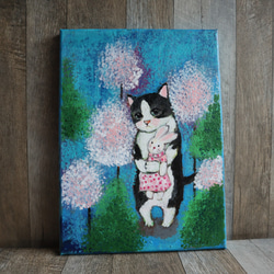 アクリル画原画F4サイズ うさちゃん人形を抱っこ 絵画 muku2 通販