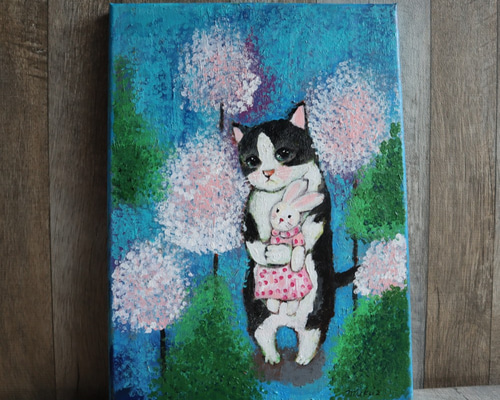 アクリル画原画F4サイズ うさちゃん人形を抱っこ 絵画 muku2 通販