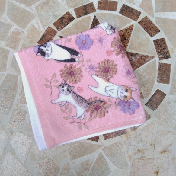 再販売ニャンコいっぱいタオルハンカチ　ピンク　オリジナルイラスト 7枚目の画像