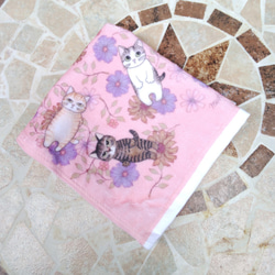 再販売ニャンコいっぱいタオルハンカチ　ピンク　オリジナルイラスト 9枚目の画像