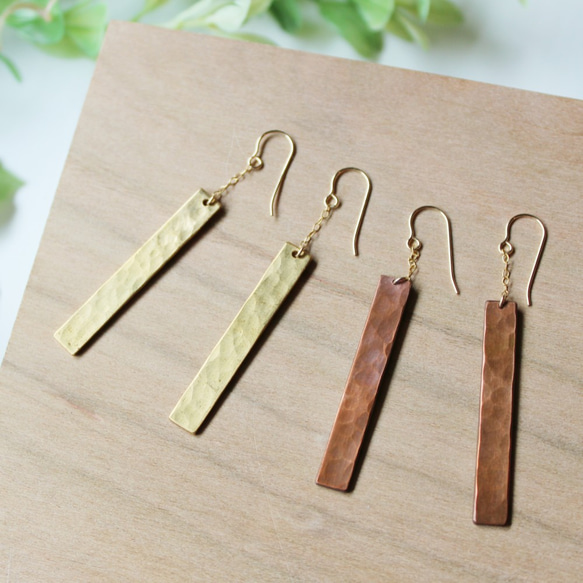 銅のK14GFチェーンのピアス～鎚目のいぶし仕上げ～ 4枚目の画像