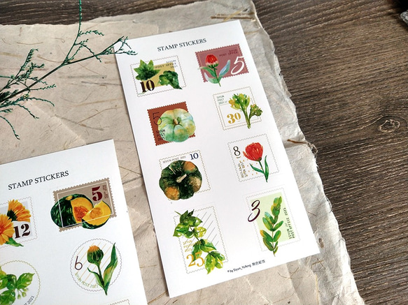 [無色綻放] 南瓜溫室郵票貼紙 2張入16枚 裝飾貼紙 第2張的照片