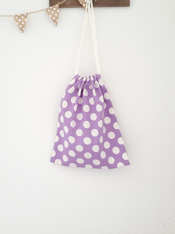 ３点セット子供用 エプロン&三角巾、巾着(ドット柄　紫) 3枚目の画像