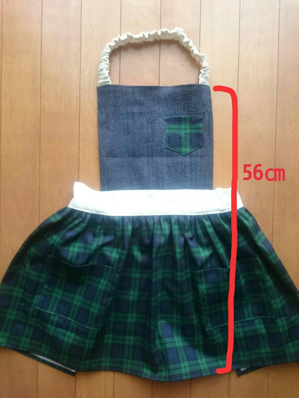 子供用 エプロン(ポケット付き)&三角巾(デニム  ﾁｪｯｸ緑) 4枚目の画像