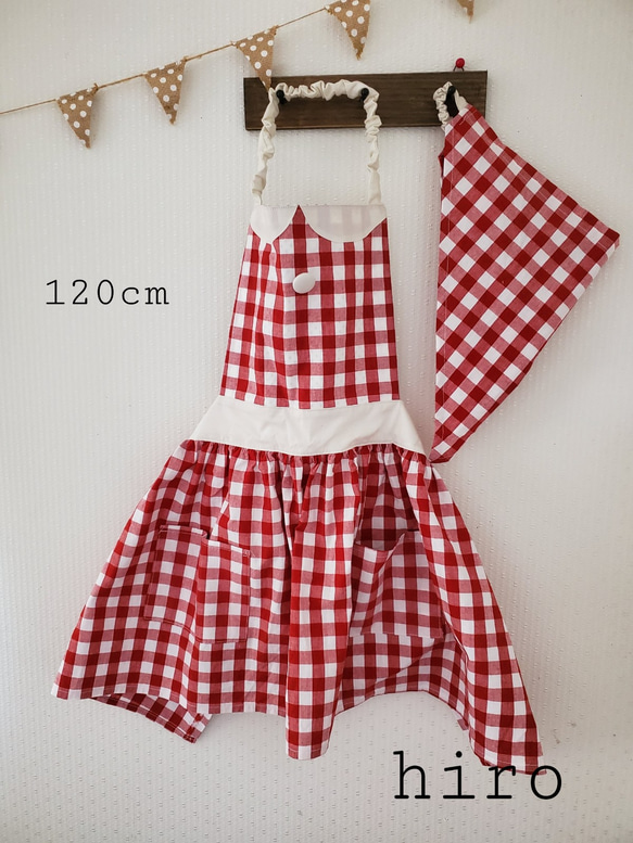 再販]子供用 エプロン(ポケット付き)&三角巾(ｷﾞﾝｶﾞﾑﾁｪｯｸ 赤) 子供服