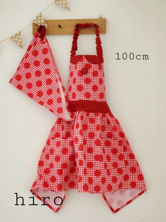 100㎝子供用 エプロン(ポケット付き)&三角巾(赤 ﾄﾞｯﾄ ｷﾞﾝｶﾞﾑﾁｪｯｸ