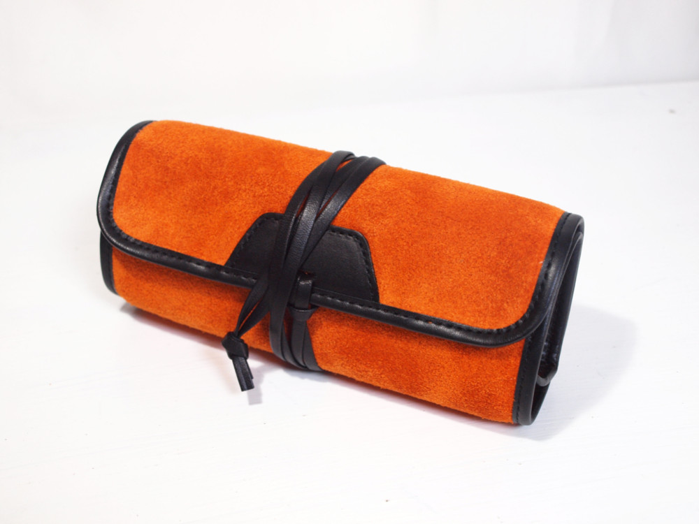 【巻物ロールウォッチケースbig　3ポケット】トラベル用品　100％落下しない　時計入れ　牛ベロア　オレンジ