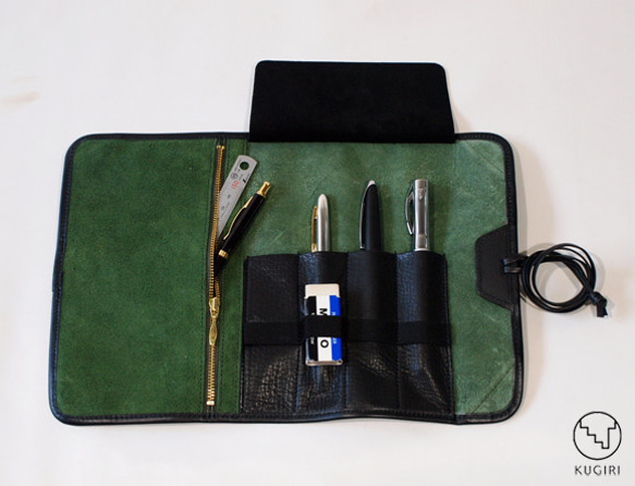 【插入4個卷筆盒+大帶口袋】筆盒也可以放便簽橡皮長款鋼筆玻璃筆牛絲絨綠色 第2張的照片
