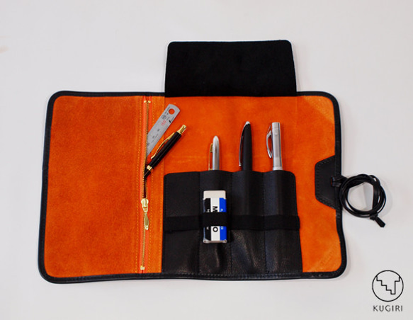【插入4卷筆盒+大帶口袋】筆盒也可以放便簽橡皮長款鋼筆玻璃筆牛絲絨橙色 第2張的照片