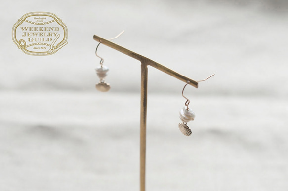 [14KGF]淡水罌粟珍珠貝殼吊飾鉤耳環 WJG_P019 第2張的照片
